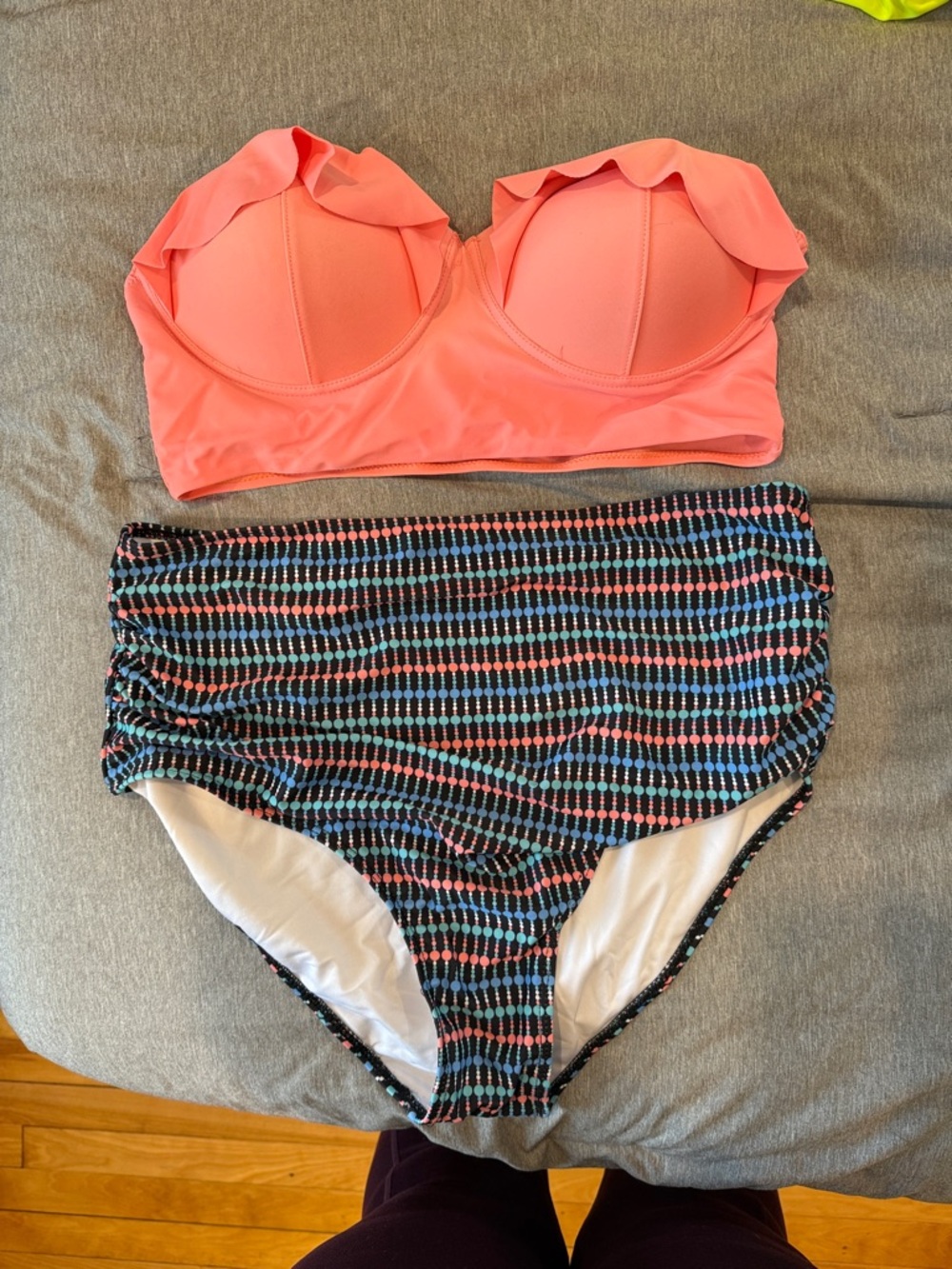 Two-Piece High-Waist Bikini Set - Coral Top & Multi-Color Bottoms
